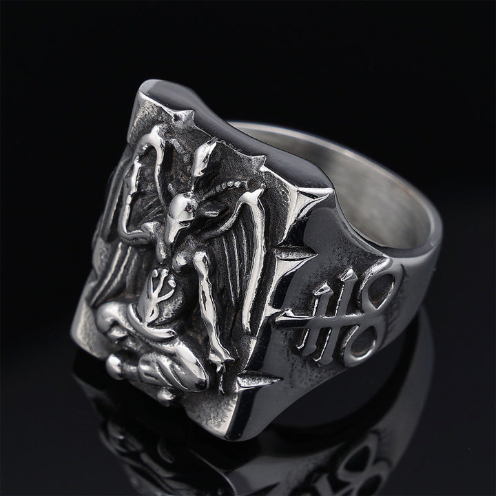 Vintage Baphomet Pentagram Signet Ring, Antique Oxidized Gothic Occult Men’s Statement Ring