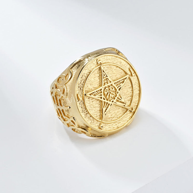 Gothic Pentagram Baphomet‑Style Signet Ring Men Ring, Antique Engraved Celtic Knot Statement Ring