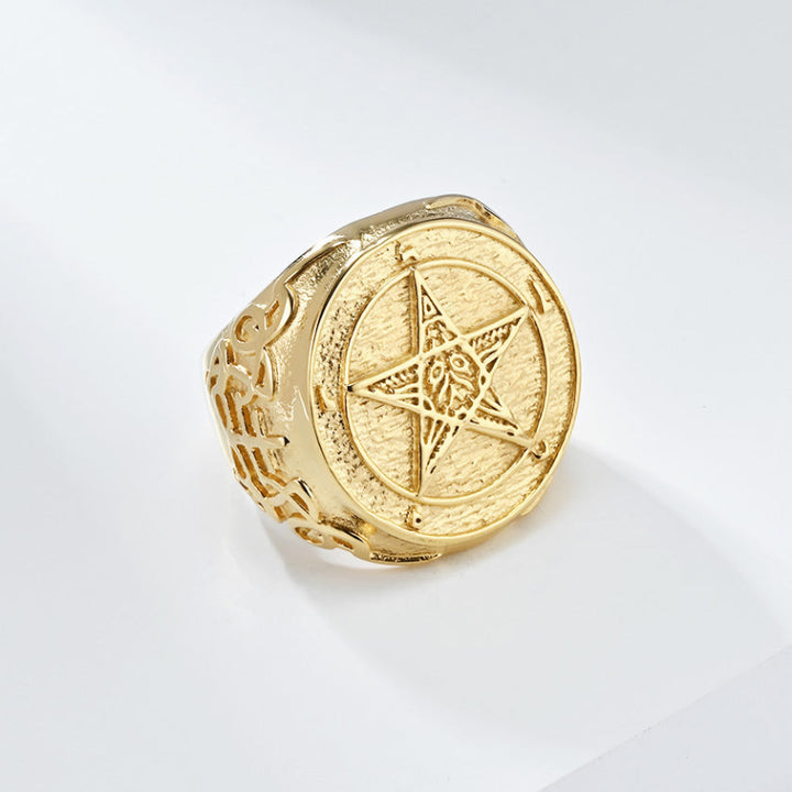 Gothic Pentagram Baphomet‑Style Signet Ring Men Ring, Antique Engraved Celtic Knot Statement Ring