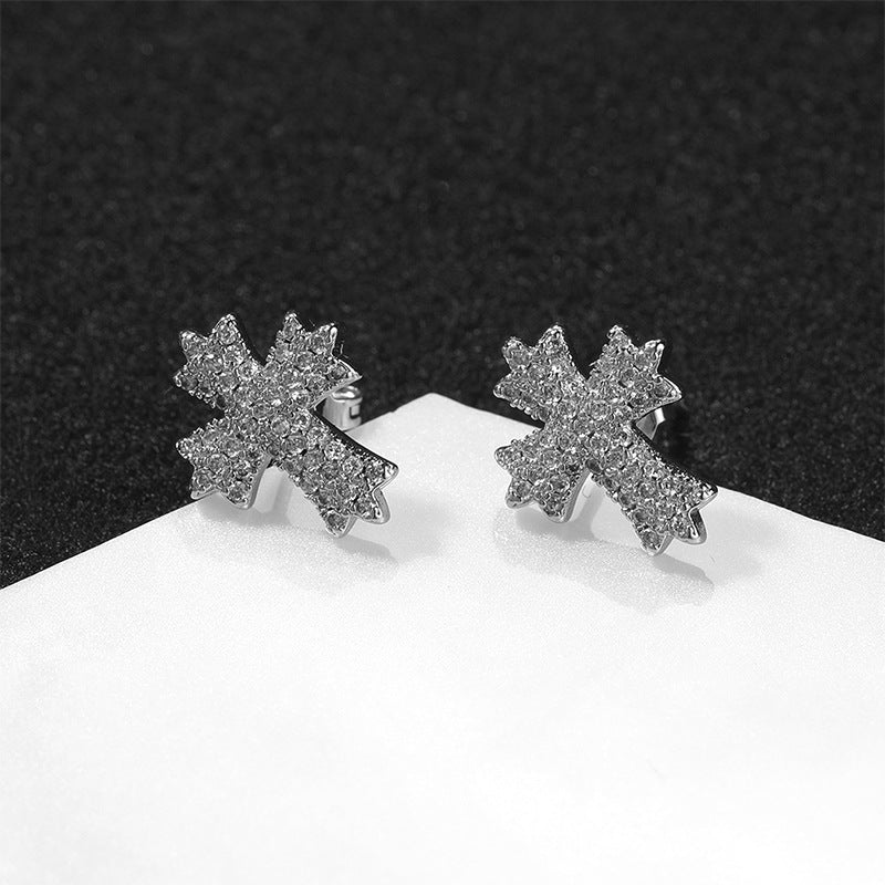 Pave Diamond Cross & Crisscross Statement Stud Earrings, Hip Hop Daily Ear Jewelry for Unisex