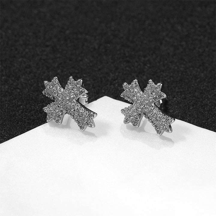 Pave Diamond Cross & Crisscross Statement Stud Earrings, Hip Hop Daily Ear Jewelry for Unisex