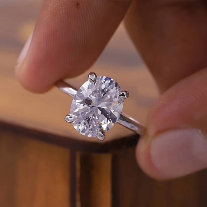 4-Prong Oval Cut Stone Solitaire Ring, 18K Gold Silver Minimal Slim Band Engagement Ring