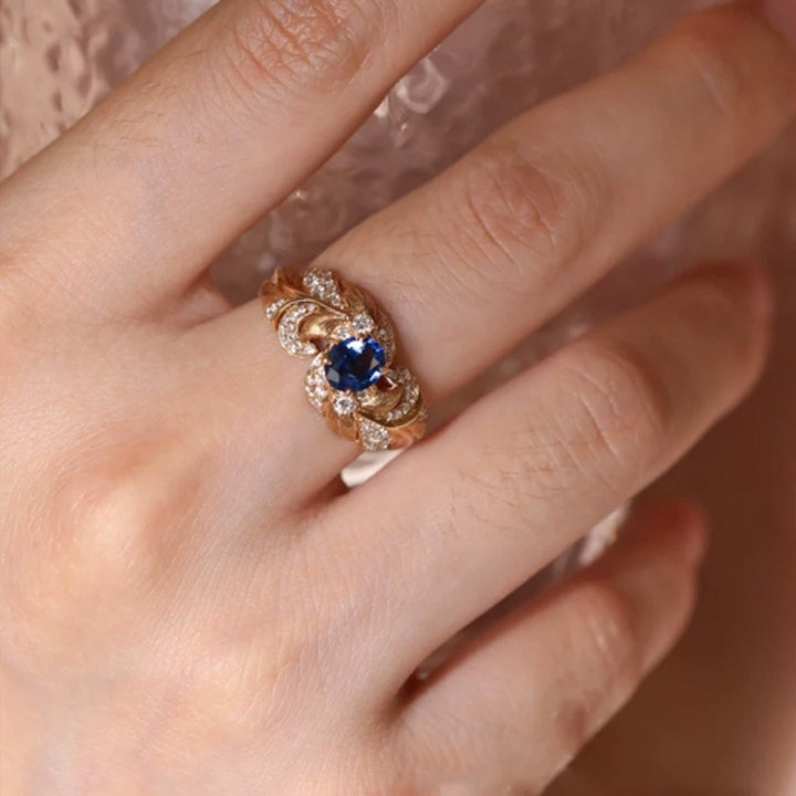 Vintage Leaf Oval Blue Gemstone Ring, Adjustable Open Statement Ring for Women
