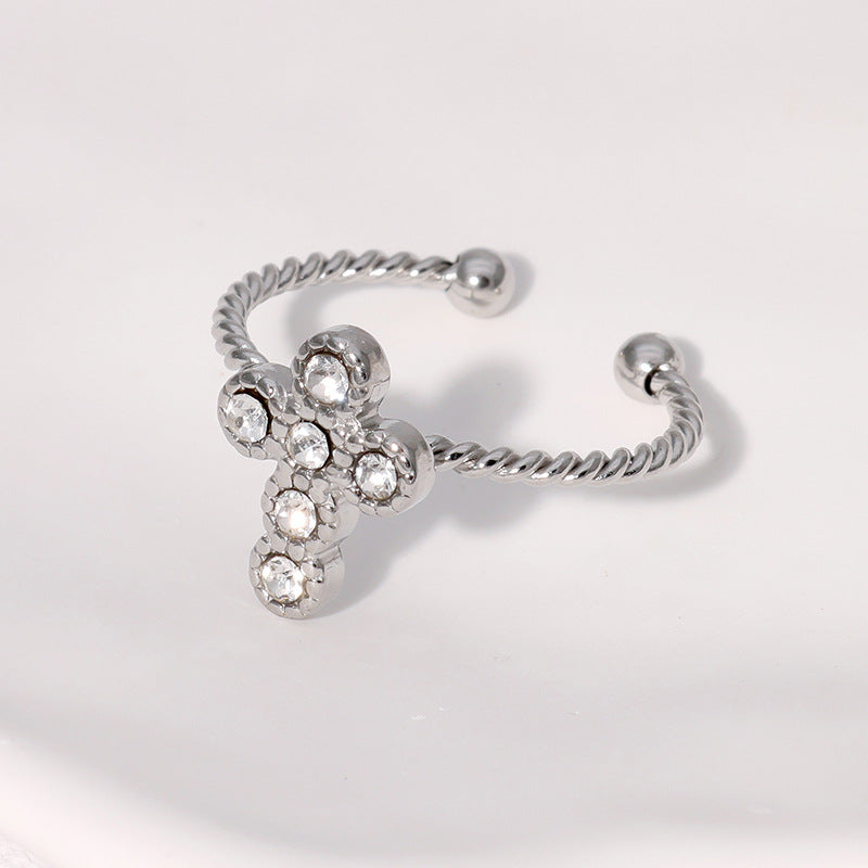 Twisted Band Cross Diamond Open Ring, Adjustable Vintage Stackable Finger Ring For Women