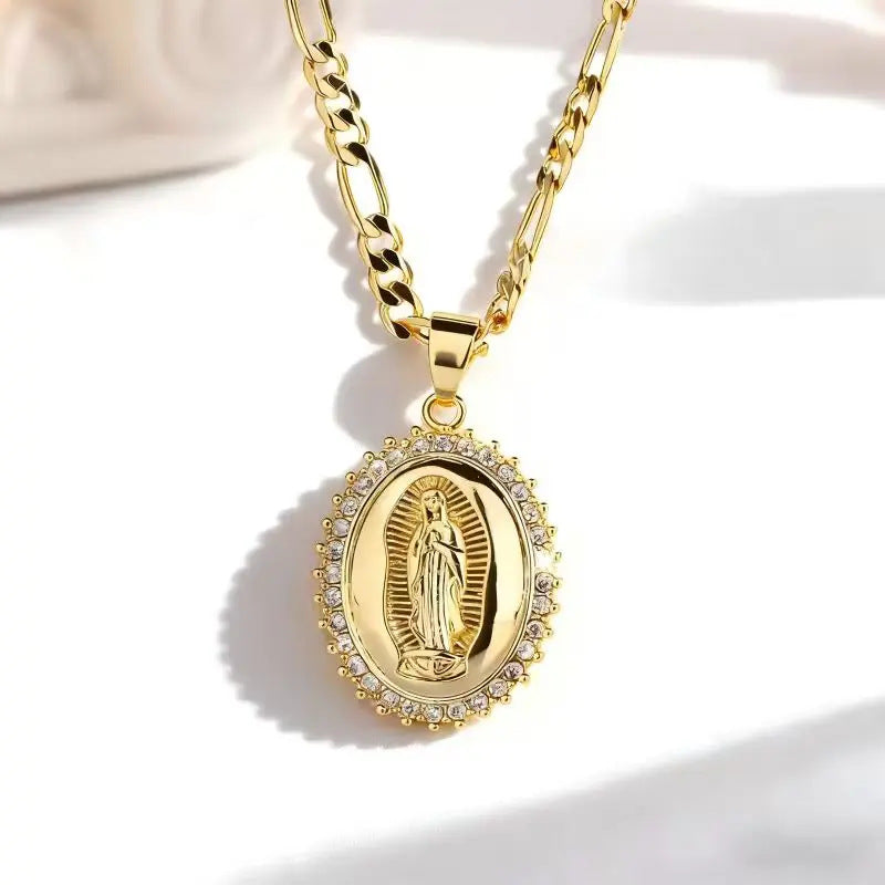 Oval Medallion Diamond‑Border Pendant Necklace, Gold Tone Figaro Chain