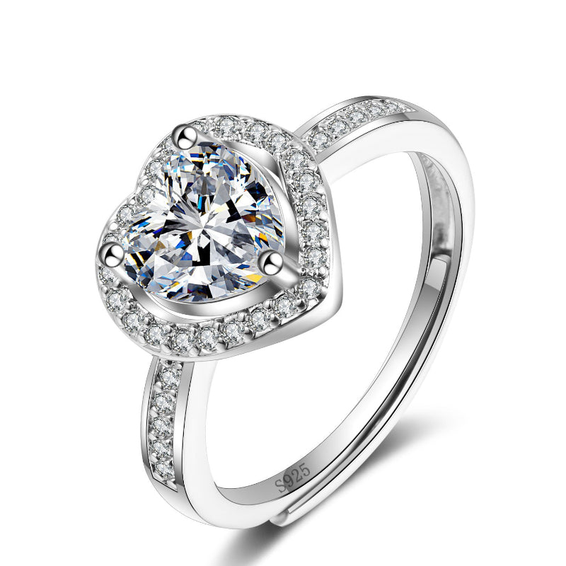 Heart Colored Gem Diamond Halo Ring, Adjustable Opening Romantic Love Ring