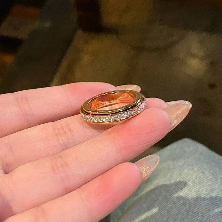 Rotating Ring Paved Clear Diamond Band, 3 Tone Minimal Thin Wedding Statement Ring