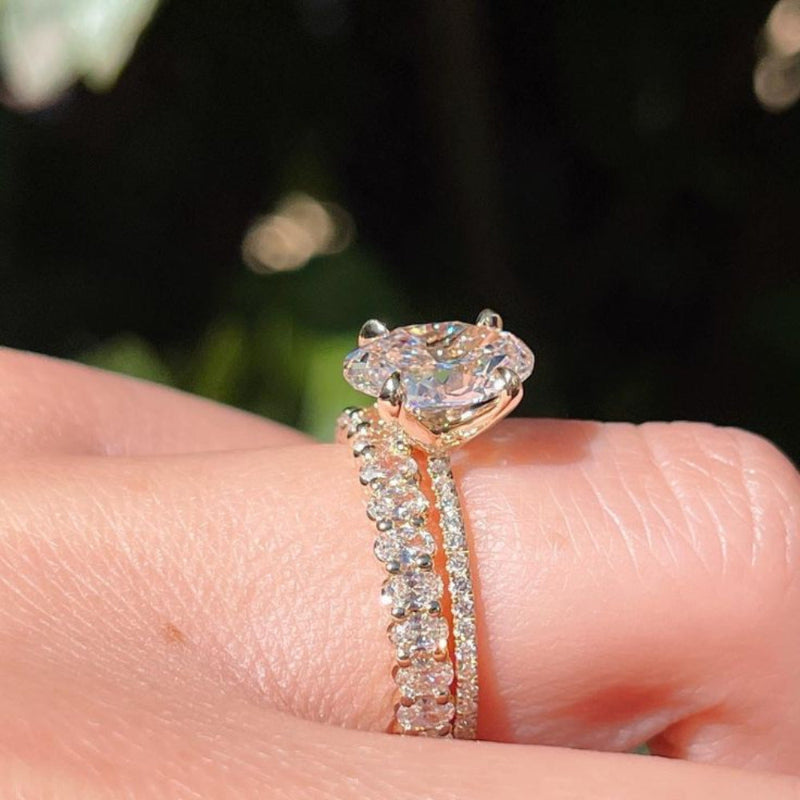 4 Prong Oval Diamond Two-Tier Pave Rose Gold Bridal Stack Ring Set