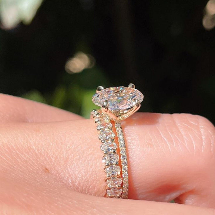 4 Prong Oval Diamond Two-Tier Pave Rose Gold Bridal Stack Ring Set
