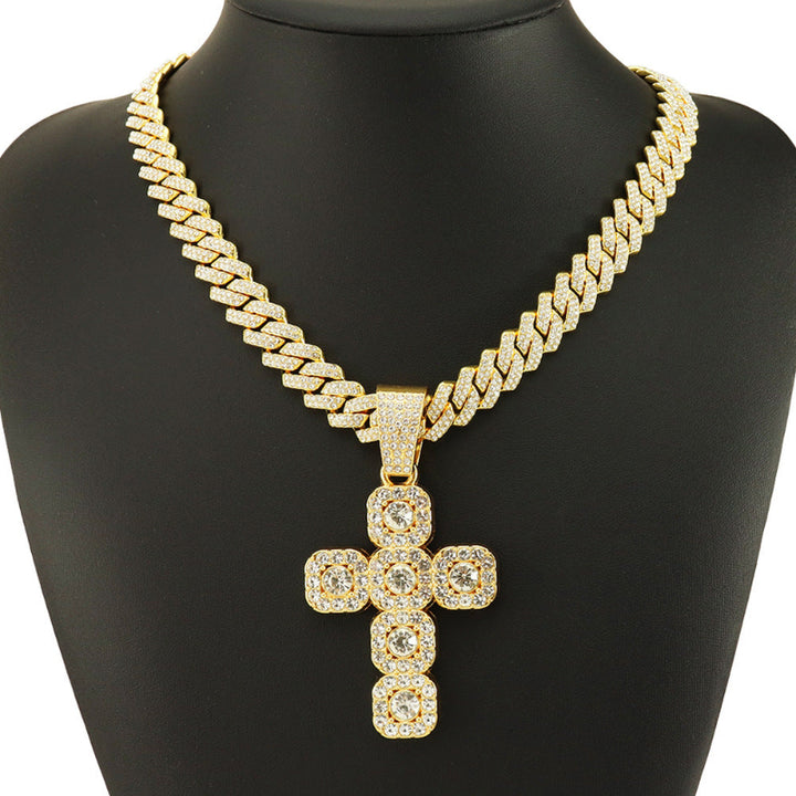 Halo Square Cluster Diamond Cross Pendant Cuban Link Necklace, Hip Hop Faith Religious Statement Jewelry