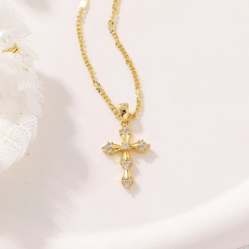 Vintage Diamond Paved Cross Pendant Necklace, Dainty Statement Jewelry for Women