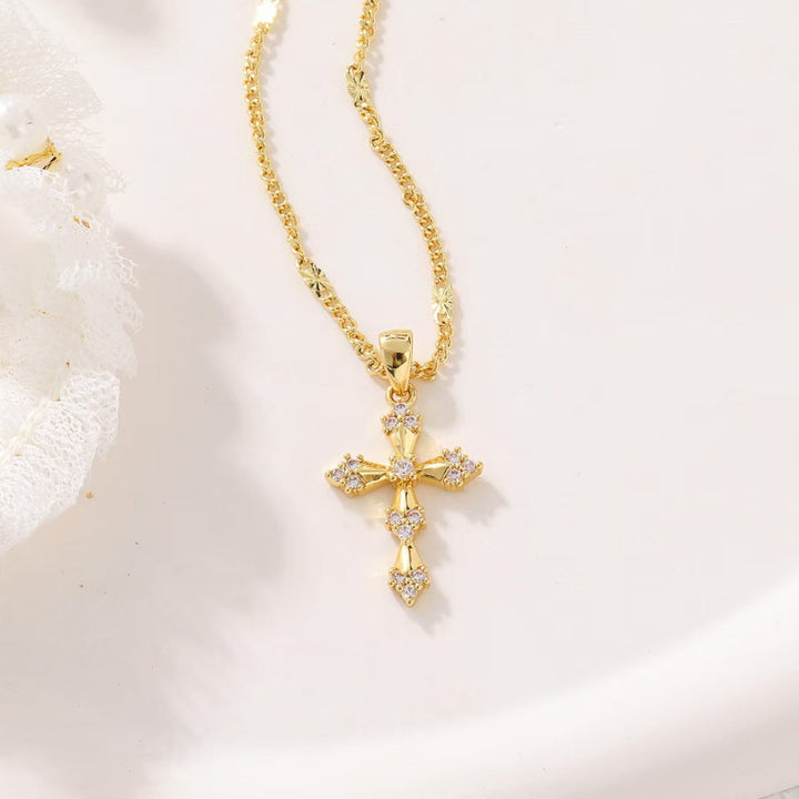 Vintage Diamond Paved Cross Pendant Necklace, Dainty Statement Jewelry for Women