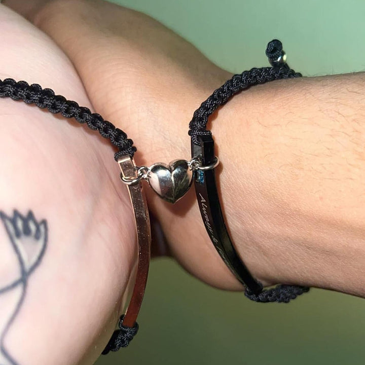 Couple Matching Bracelet Set, Magnetic Heart Charm Braided Wristband with Engraved Words