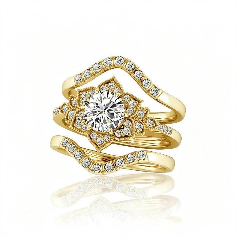 Vintage Floral Stackable Ring Set, Sparkling Center Diamond Curved Band Statement Rings for Women