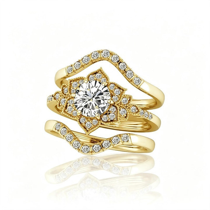 Vintage Floral Stackable Ring Set, Sparkling Center Diamond Curved Band Statement Rings for Women