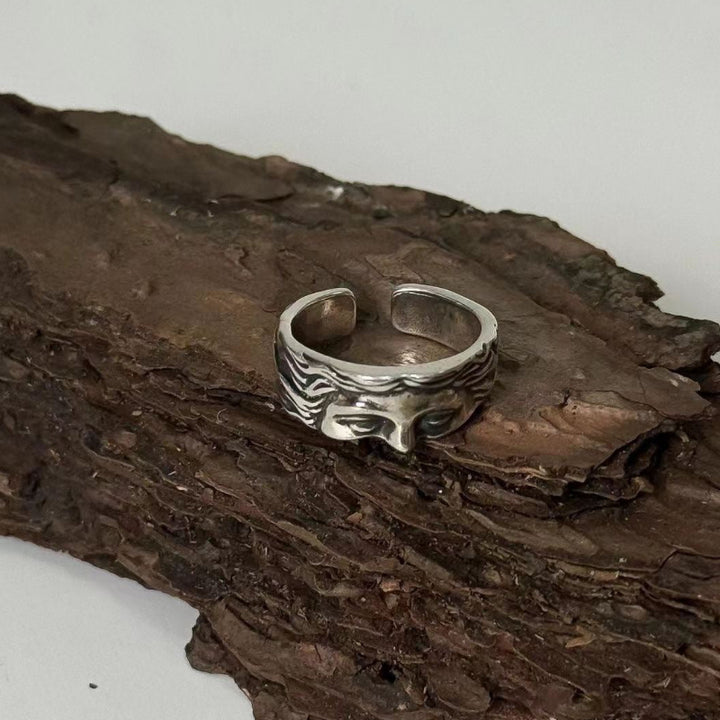 Antique Sculpted Face Open Cuff Statement Ring