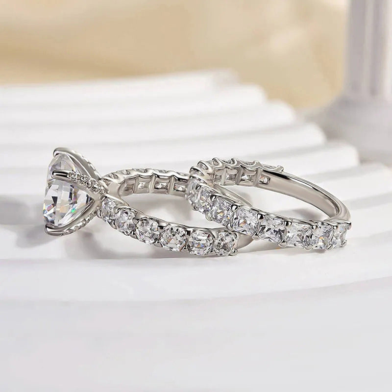 4 Prong Round Solitaire Double Row Baguette Split Shank Stackable Silver Bridal Wedding Ring