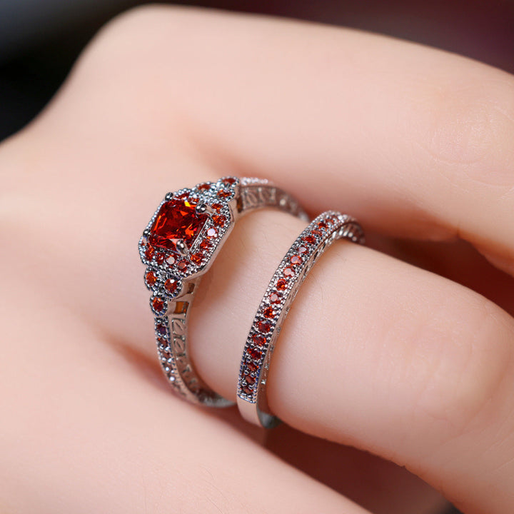 Cushion Cut Halo Bridal Ring Duo, Vintage Pave Stackable Stackable rings