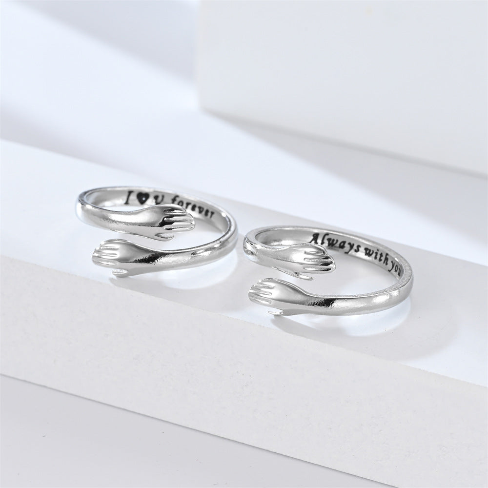 Hug Open Adjustable Couple Ring Set, Engraved Love Message Rings, Sweet Gift for Lovers