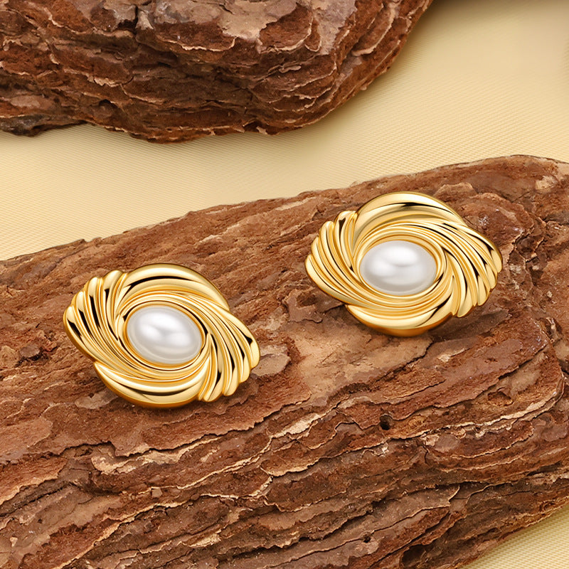 18K Gold Swirl Pearl Stud Earrings, Abstract Twisted Minimalist Earrings