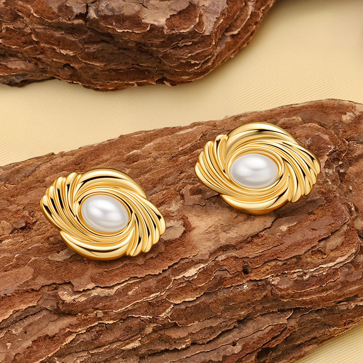 18K Gold Swirl Pearl Stud Earrings, Abstract Twisted Minimalist Earrings