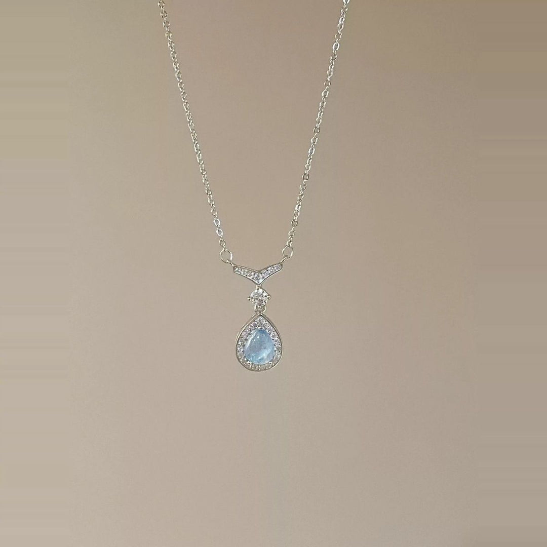 Mermaid Teardrop Blue Gem Pendant Necklace, Elegant Sparkling Halo Collarbone Necklace for Women