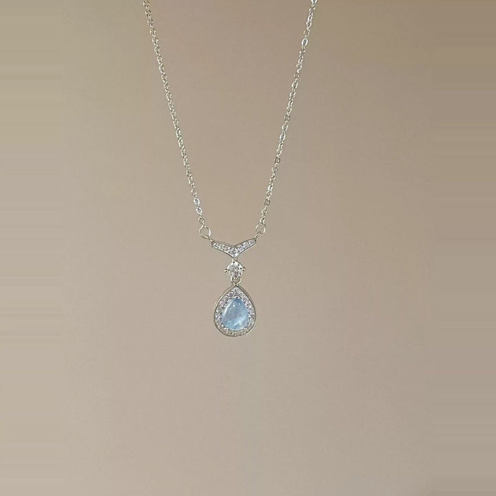 Mermaid Teardrop Blue Gem Pendant Necklace, Elegant Sparkling Halo Collarbone Necklace for Women