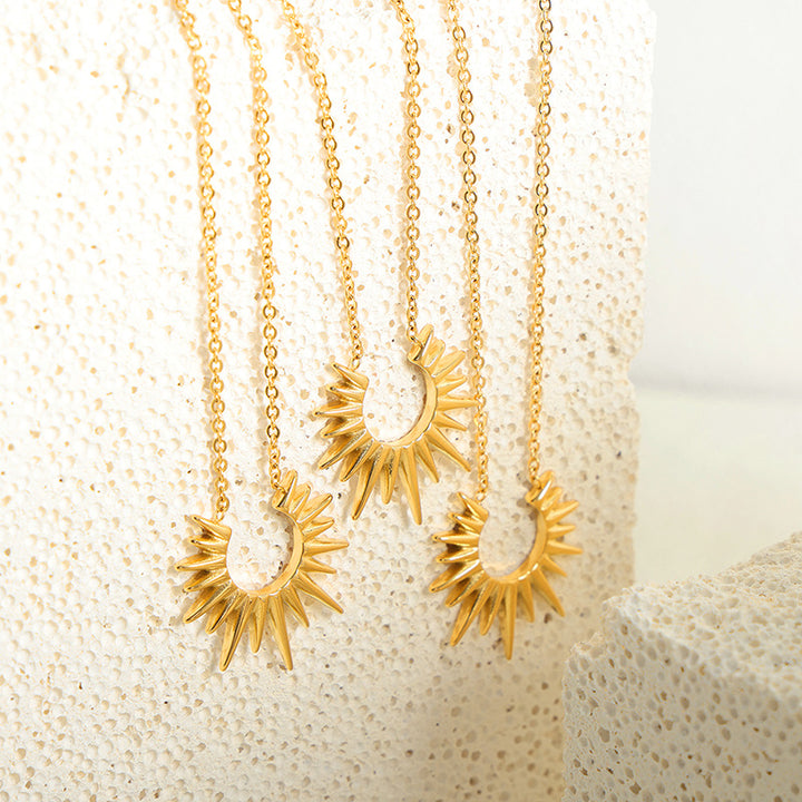 Crescent Sunburst Dainty Pendant Necklace, 18K Gold Silver Minimal Solar Collarbone Chain