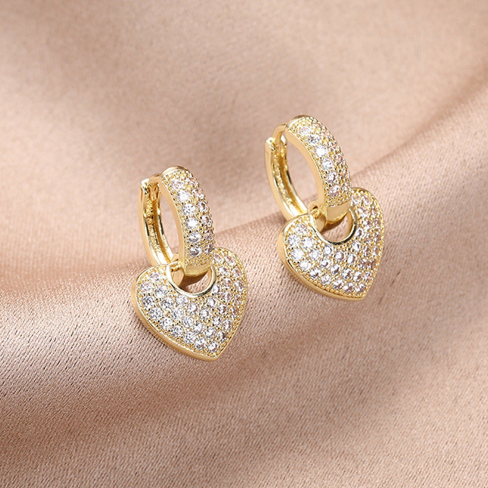 Sparkling Heart Drop Huggie Earrings, Paved Diamond Heart Earrings for Women Daily Party Jewelry