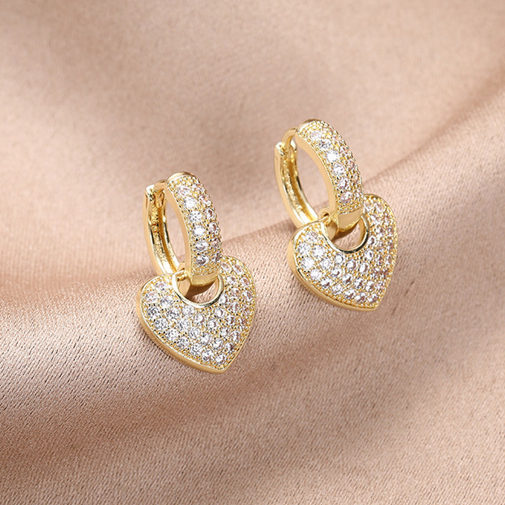 Sparkling Heart Drop Huggie Earrings, Paved Diamond Heart Earrings for Women Daily Party Jewelry