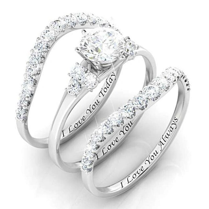 Round Diamond Engraved 3-Piece Bridal Stack Ring, Personalized "I Love You Today Tomorrow Always" Promise Ring