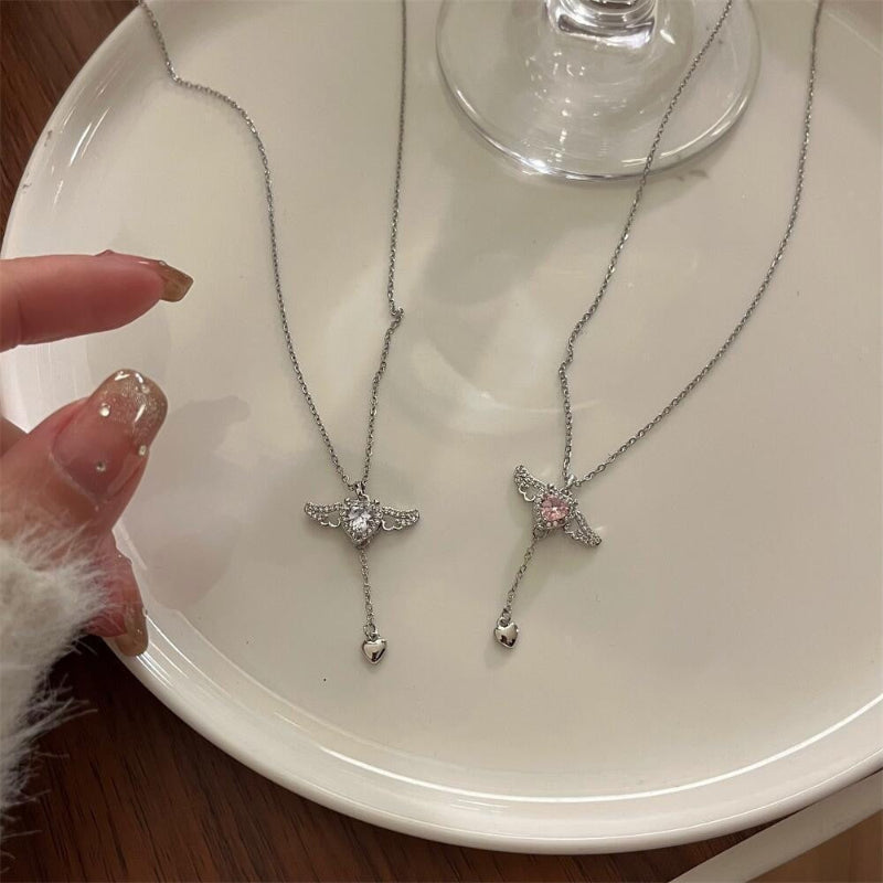 Angel Wing Heart Halo Lariat Drop Silver Necklace, Movable Winged Collarbone Necklace