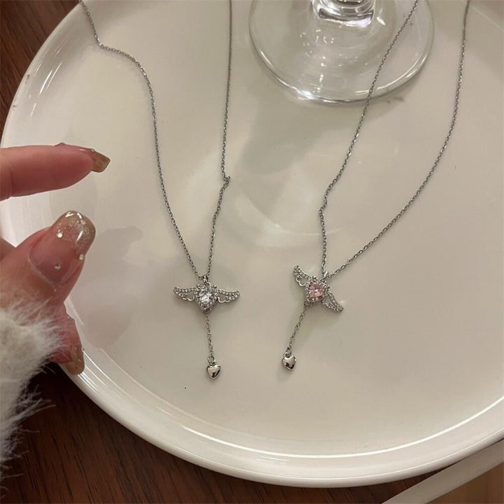 Angel Wing Heart Halo Lariat Drop Silver Necklace, Movable Winged Collarbone Necklace