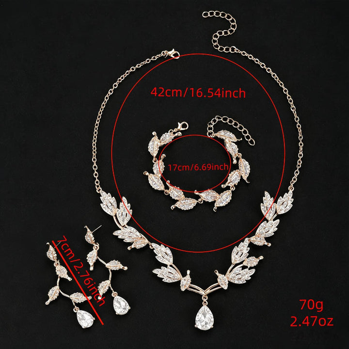Leaf Teardrop DiamondsJewelry Set, 4-Piece Wedding Party Necklace Earrings Bracelet Kit