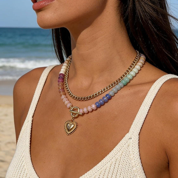 Dual Strand Gradient Rainbow Bead Choker, Starfish & Sunburst Heart Summer Vacation Layered Beach Necklace