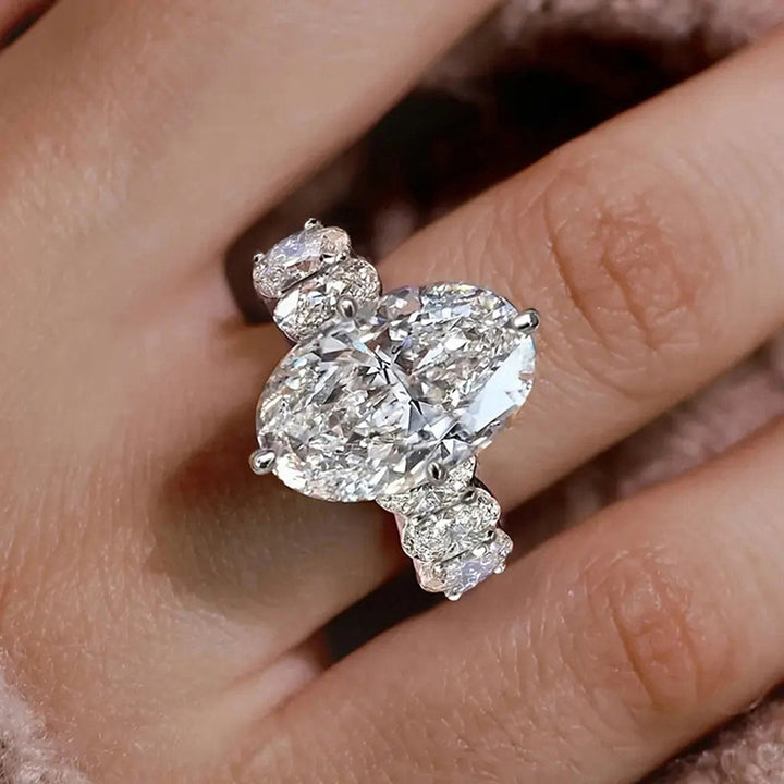 4 Prong Large Oval Diamond Double Cluster Side Stone Silver Engagement Statement Ring