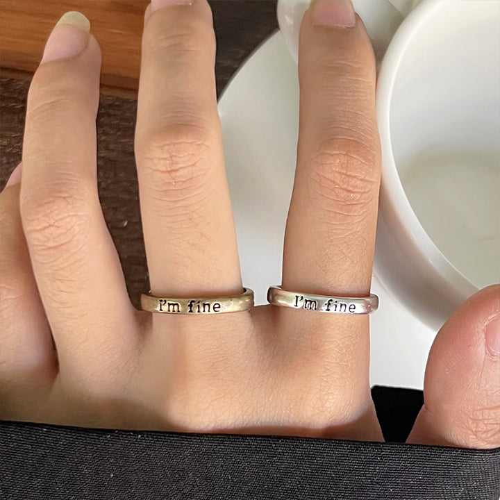"I'm fine" Engraved Slim Open Ring, Vintage Two-Tone Stackable Text Statement Rings For Women
