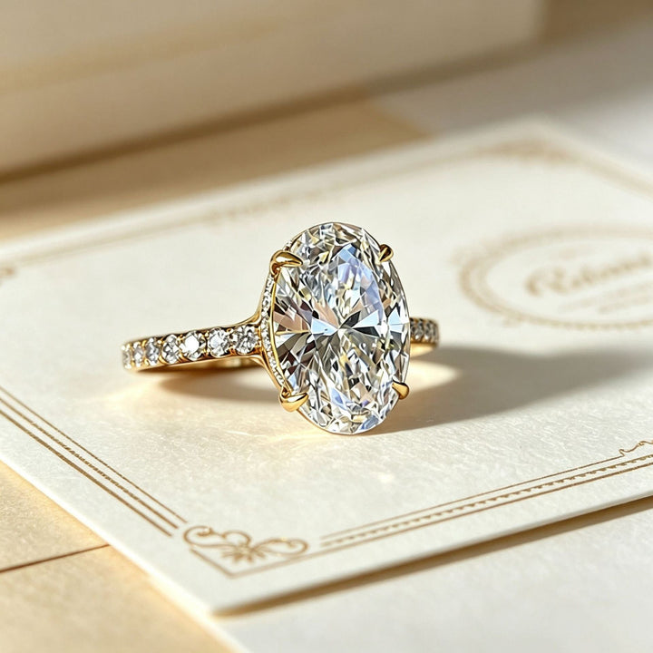 4-Prong Oval Diamond Pave Band Engagement Ring, Gold Silver Dainty Bridal Statement Ring