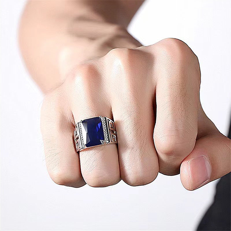 Geometric Pattern Open Statement Ring, Sophisticated Sapphire-Inlaid Ring for Men &amp; Women