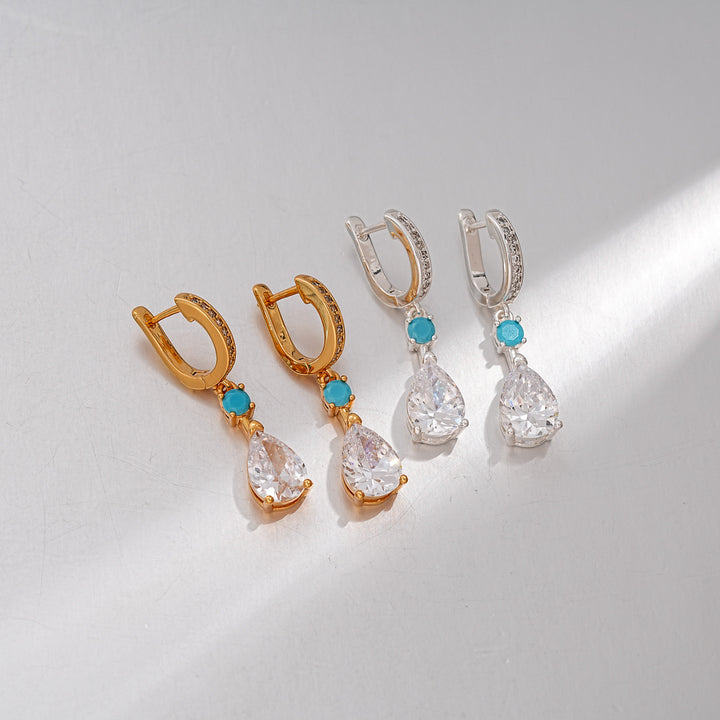 Teardrop Dangle Huggie Earrings, Turquoise Accent Drop Earrings for Women, Elegant Daily &amp; Party Jewelry