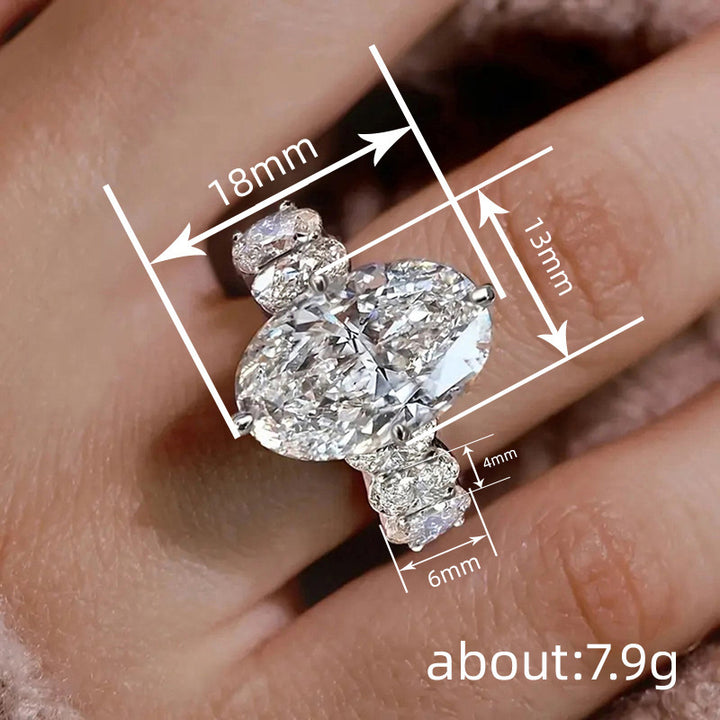 4 Prong Large Oval Diamond Double Cluster Side Stone Silver Engagement Statement Ring