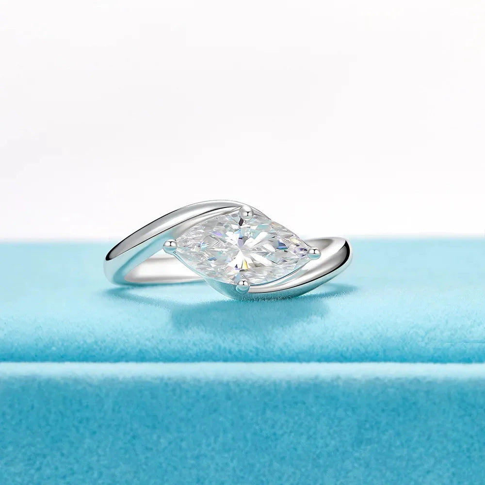 French Style Marquise Cut Diamond Ring, Twisted Band Design, Elegant Statement Ring for Women