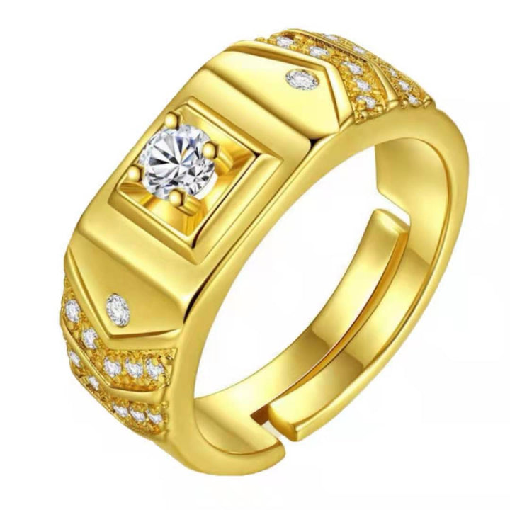 Geometric Square Center Diamond Men’s Adjustable Ring, Wide Band Statement Ring