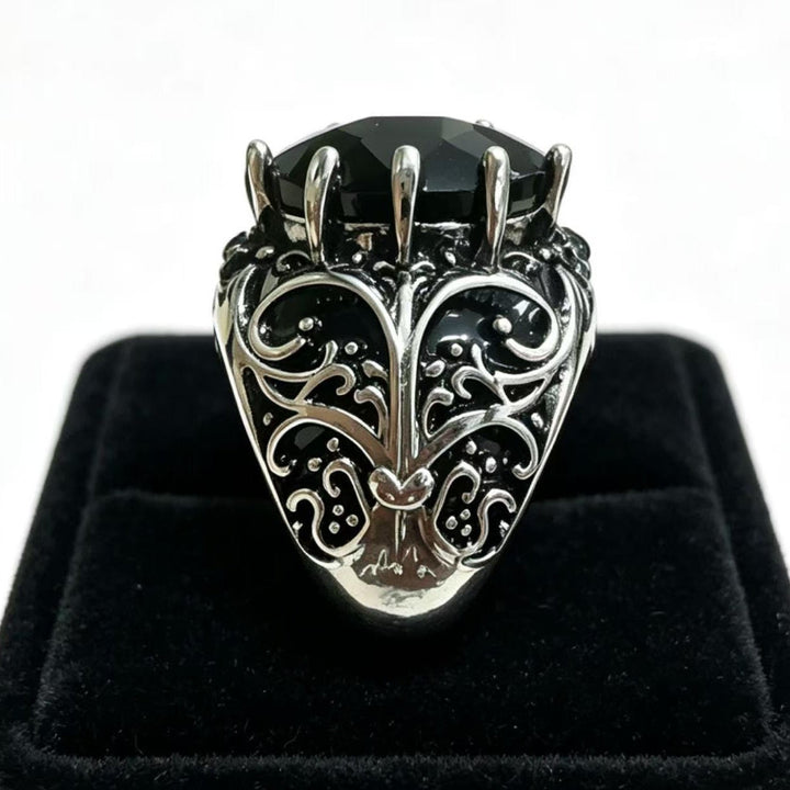 Vintage Ornate Black Gem &amp; Diamond Men’s Statement Ring, Two‑Tone Finish Gothic Wide Band Ring