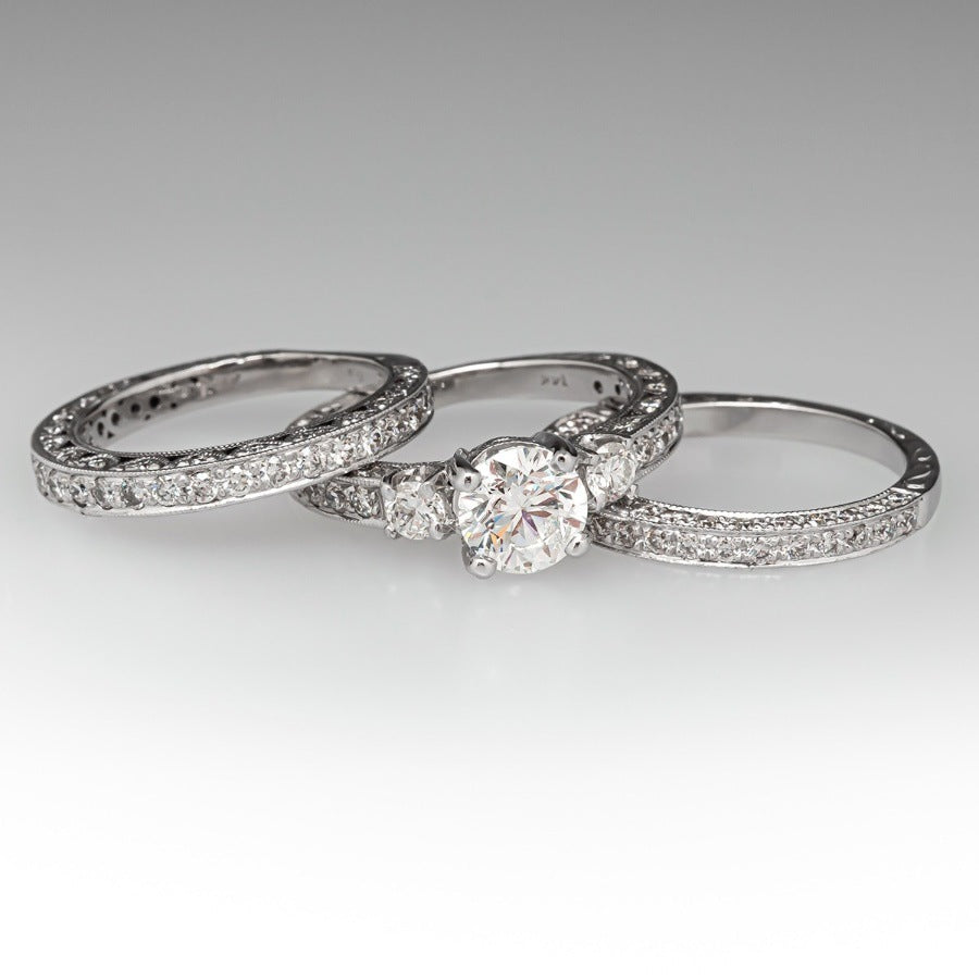Vintage 3-Piece Stackable Ring Set, Round Brilliant Diamond Wedding Band Set