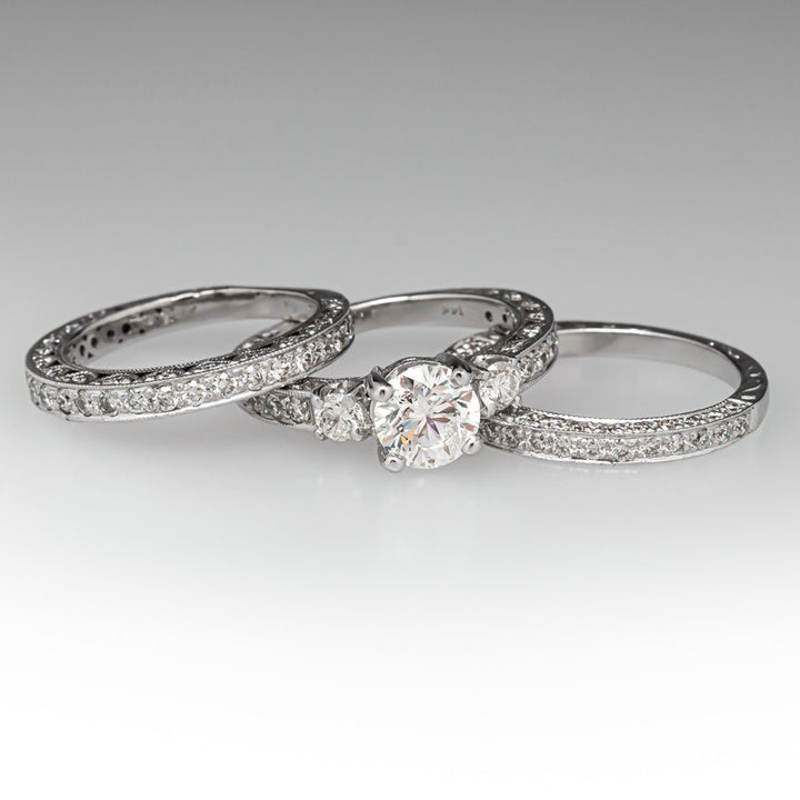 Vintage 3-Piece Stackable Ring Set, Round Brilliant Diamond Wedding Band Set