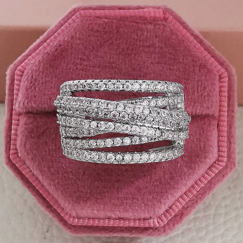 Multi-Layer Pave Curved Wide Band Diamond Statement Ring, Luxury Wavy Split Shank Ring For Women