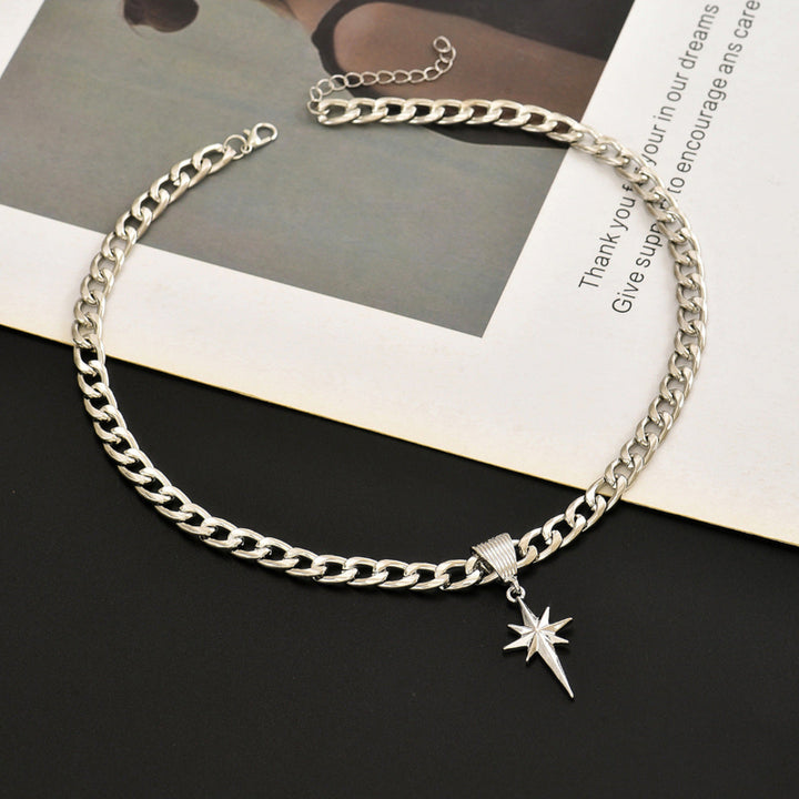 North Star Pendant Curb Chain Necklace, Minimalist Y2K Street Stackable Women Statement Jewelry
