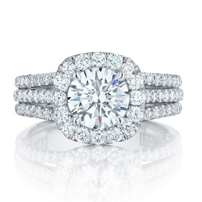 Cushion Double Halo Triple Pave Band Bridal Ring, Round Solitaire Engagement Wedding