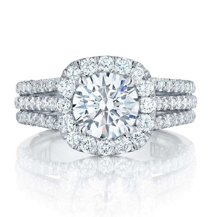 Cushion Double Halo Triple Pave Band Bridal Ring, Round Solitaire Engagement Wedding